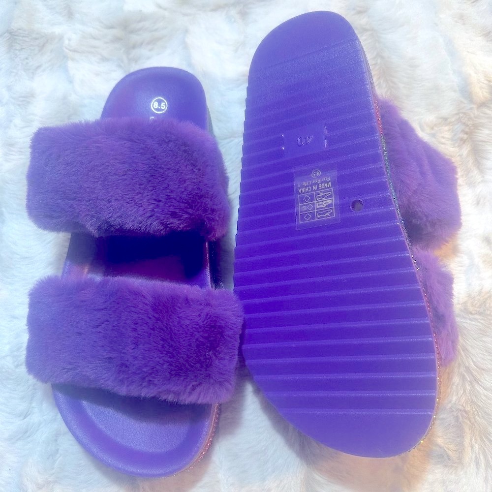 Purple Faux Fur Furry Double Strap Slide In Sandals - Picture 7 of 7